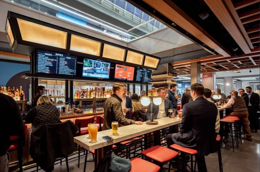 The bar at Moynihan Food Hall in New York City.