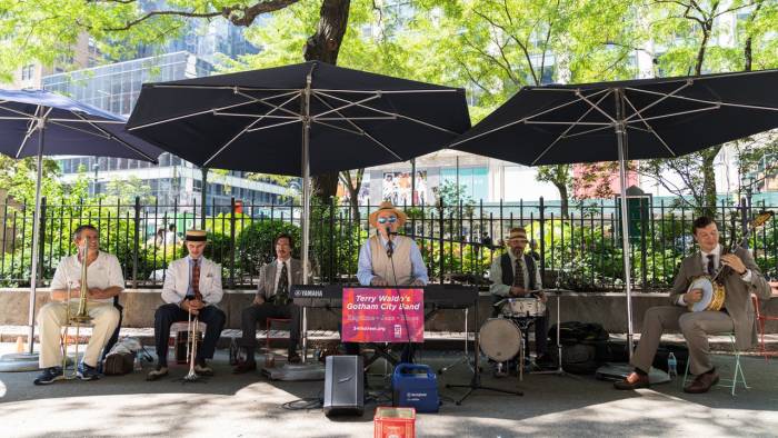 Ragtime band plays in Herald Square Park in New York City.