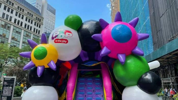 The colorful entrance to POP in the City, an immersive experience in a huge inflatable structure with massive ball pits.